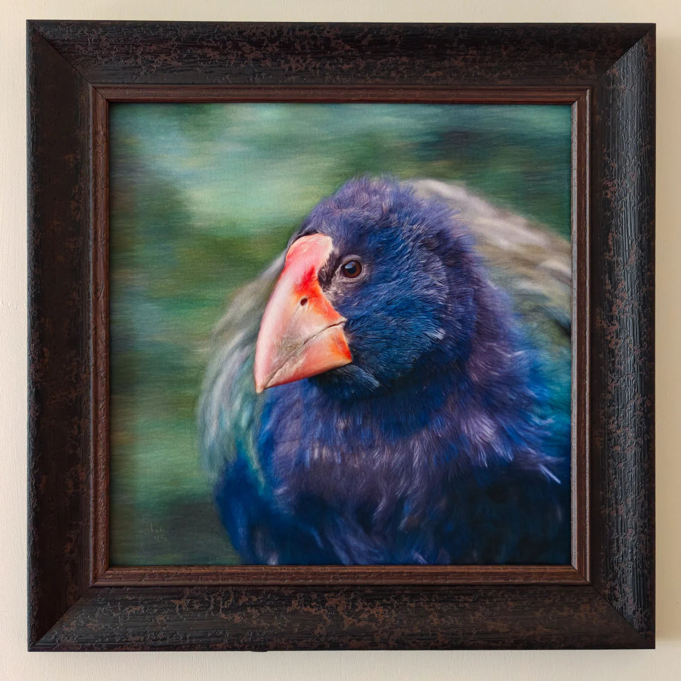 photartistic pastel sketch of a takahe bird framed in a rustic frame