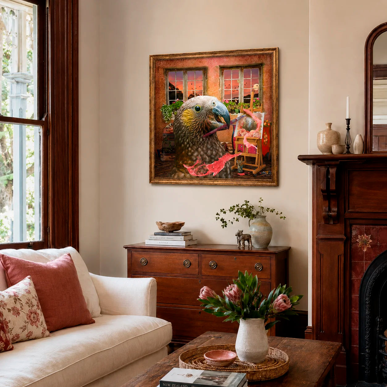Living room with a parrot painting on the wall, sofa, and wooden furniture.