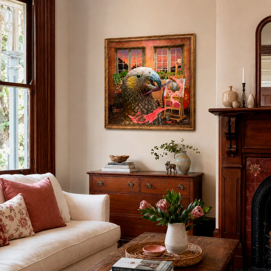 Living room with a parrot painting on the wall, sofa, and wooden furniture.