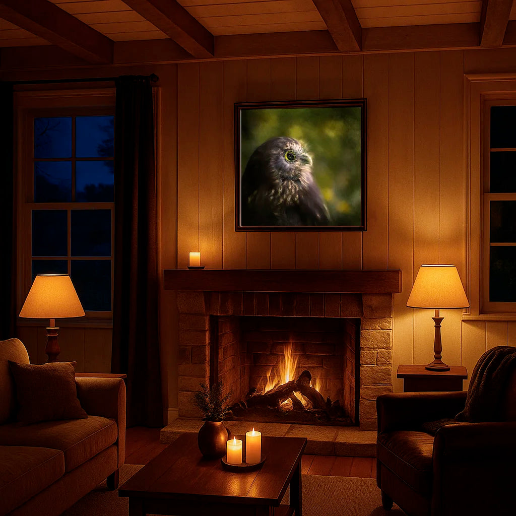 Cozy living room with fireplace, lamps, and a painting of an owl.