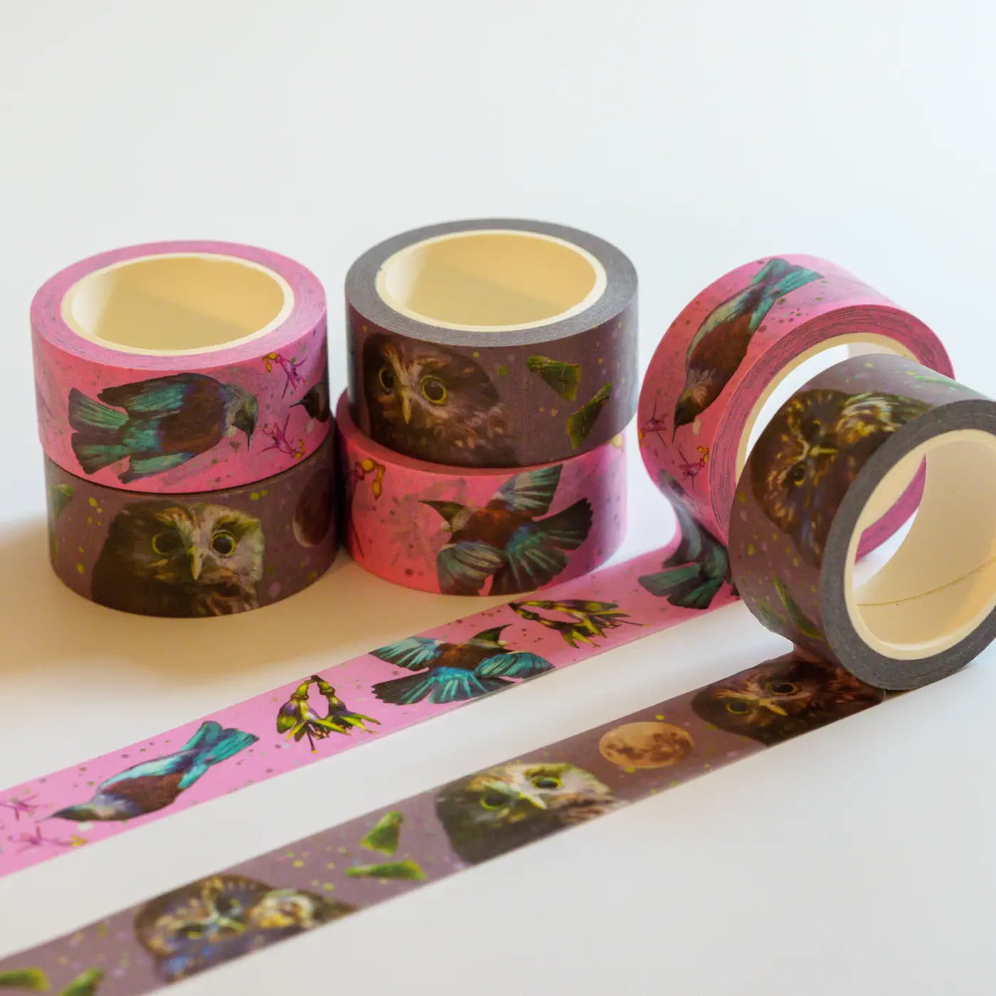 six rolls of pink and purple washi tape
