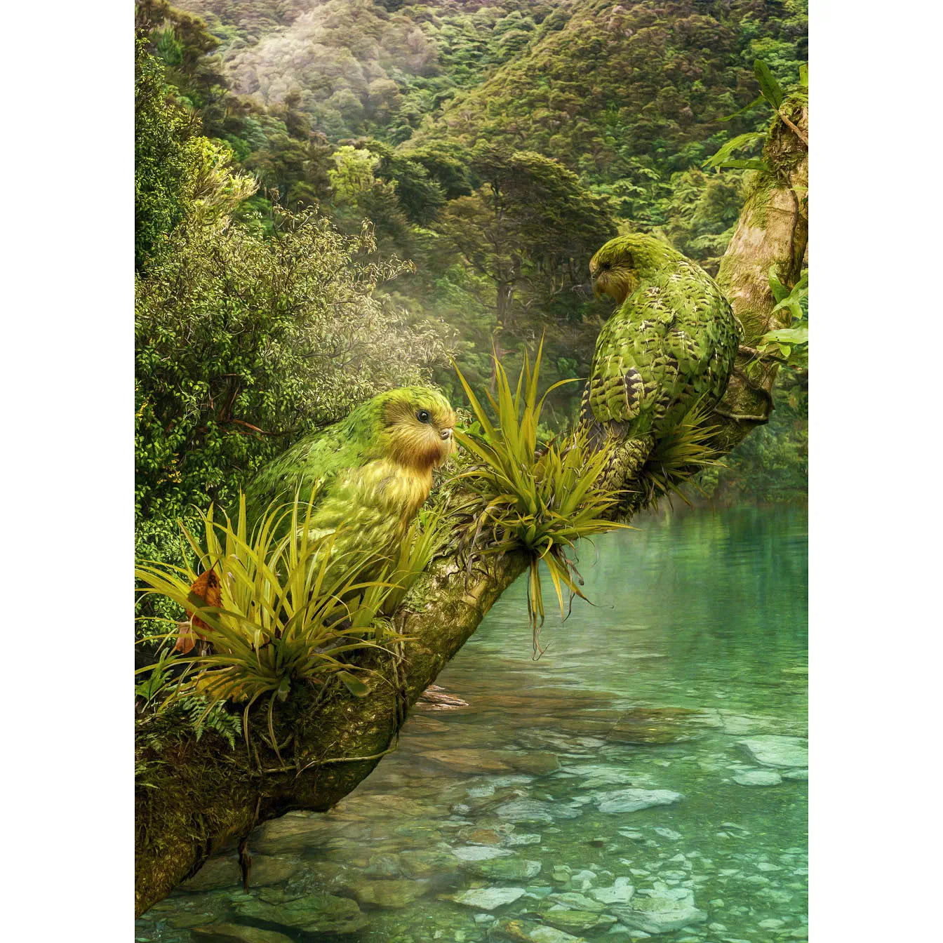 Artwork of two kākāpō on a branch above aqua water - rectangular variant