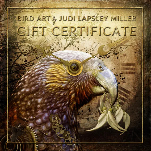 Gift certificate showing artwork of a kaka holding a kakabeak flower with steampunk elements
