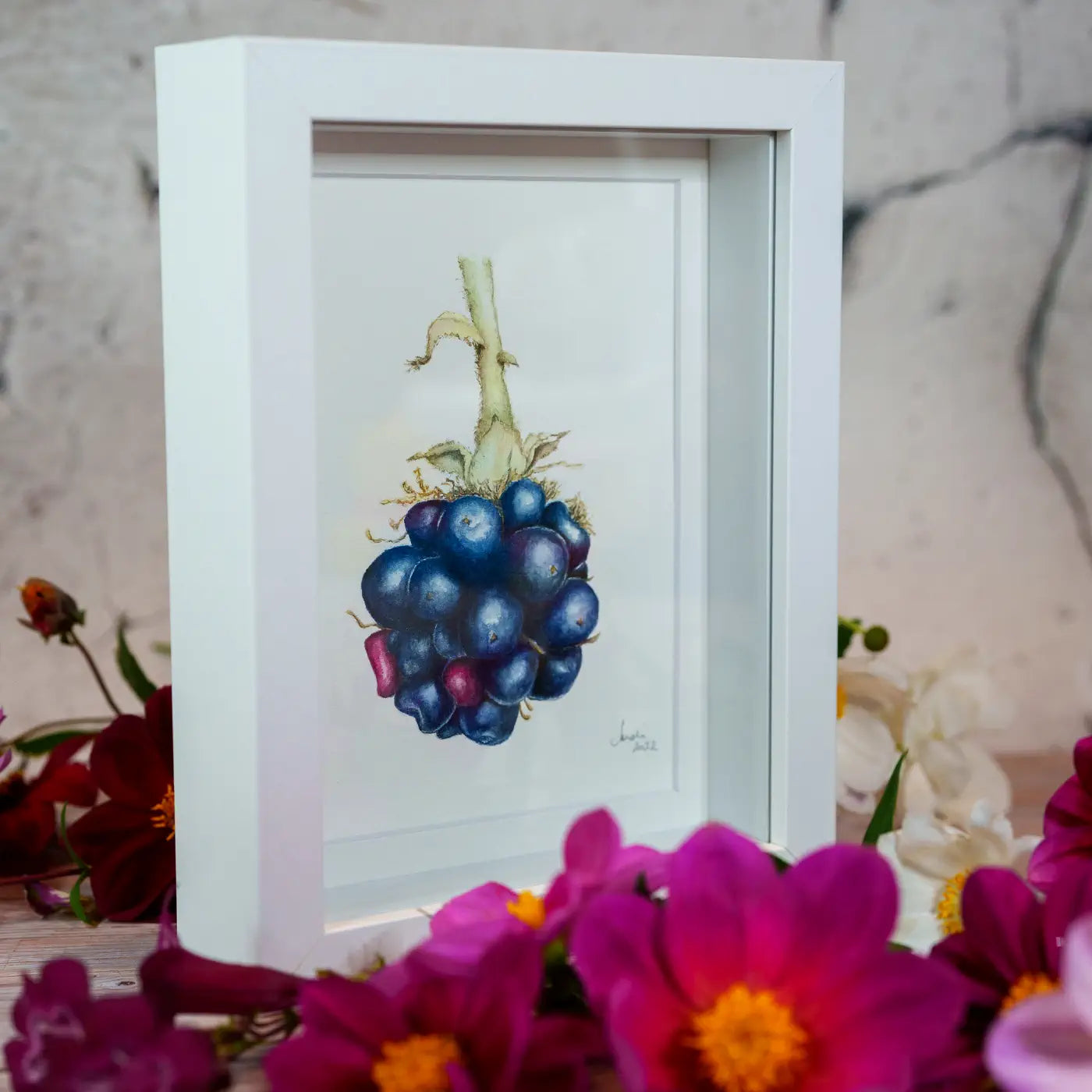 Side angle of the framed watercolour blackberry