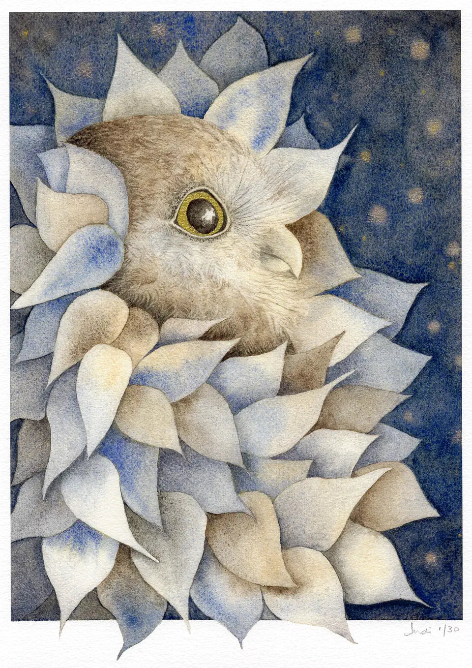 Scan of embellished print showing an owl with golden eyes peeking out of a bouquet of leaves