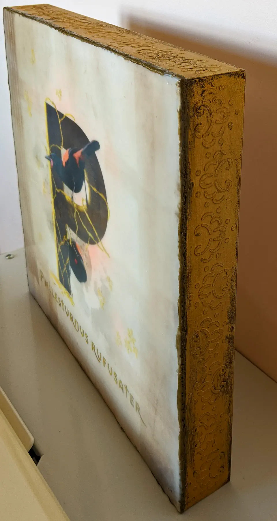 Angled view of the artwork showing the deep sides wtih embossing and textured gold finish