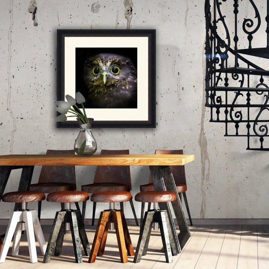 Modern dining room with framed ruru owl artwork hanging above the table
