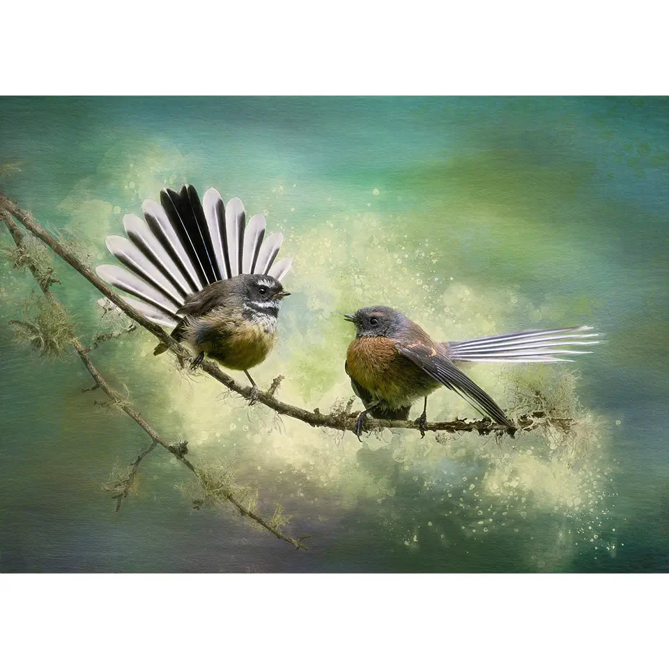 artwork of two fantails on a branch