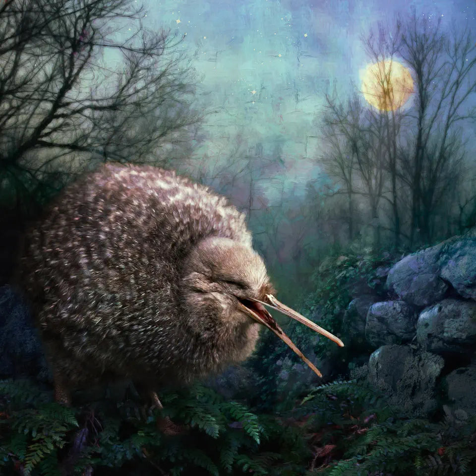 artwork of a laughing kiwi in a moonlit forest