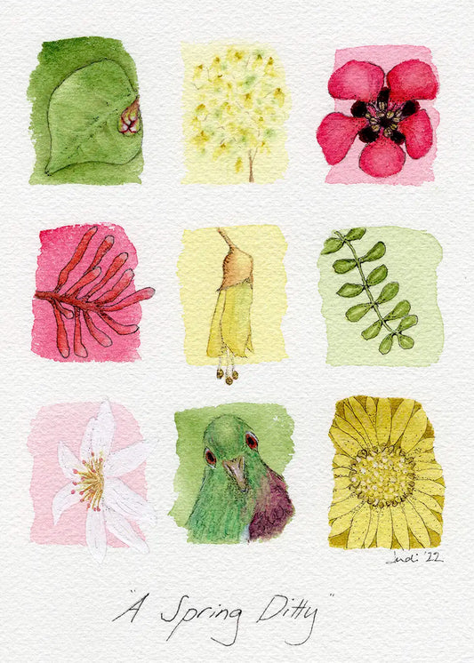 watercolour 3x3 doodle of leaves, flowers, and a bird, close up