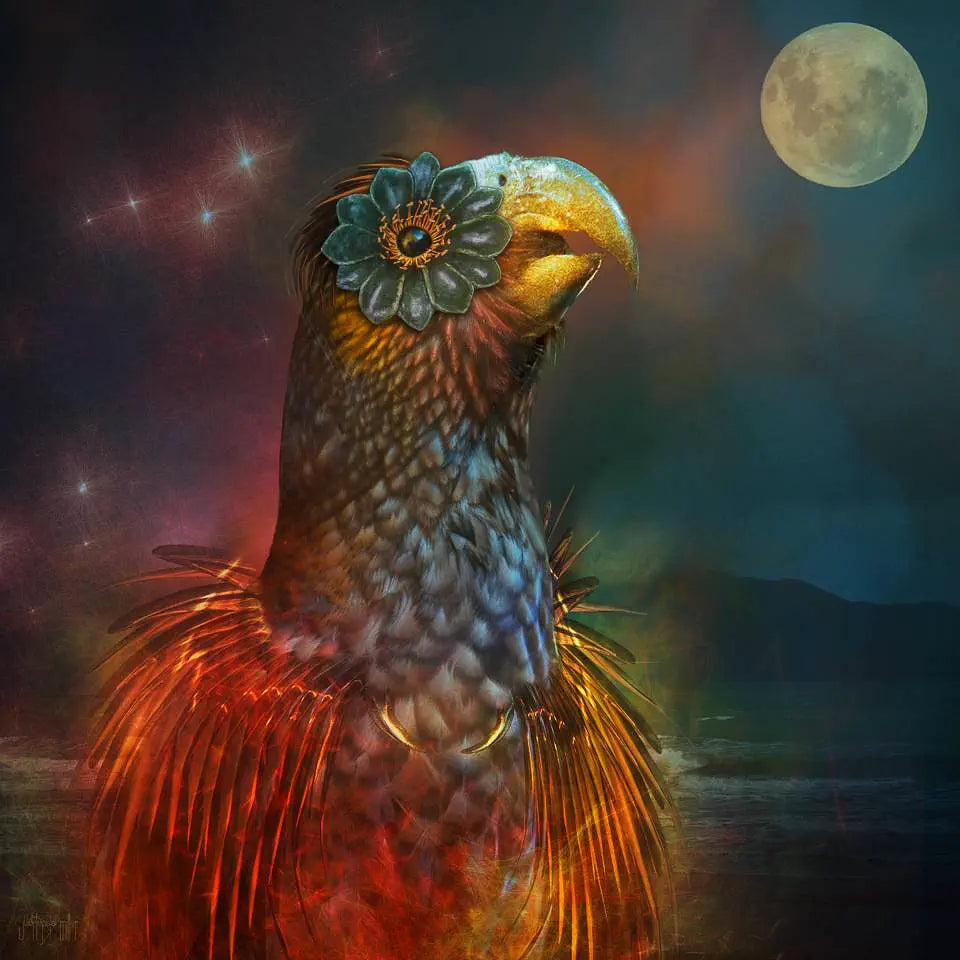 Surreal artwork of a kaka with ornamentation, set against a landscape of Kapiti Island at night with stars and moon