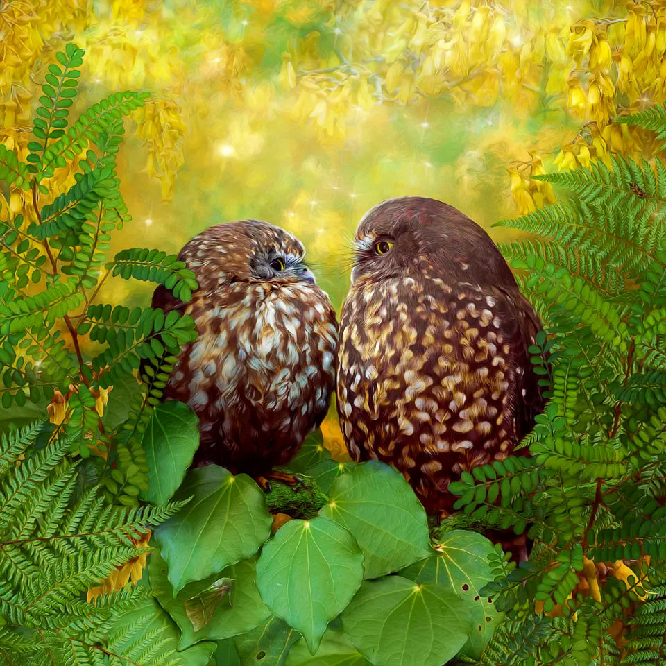 Artwork of two ruru owls staring lovingly into each other's eyes, surrounded by native leaves and yellow kowhai flowers
