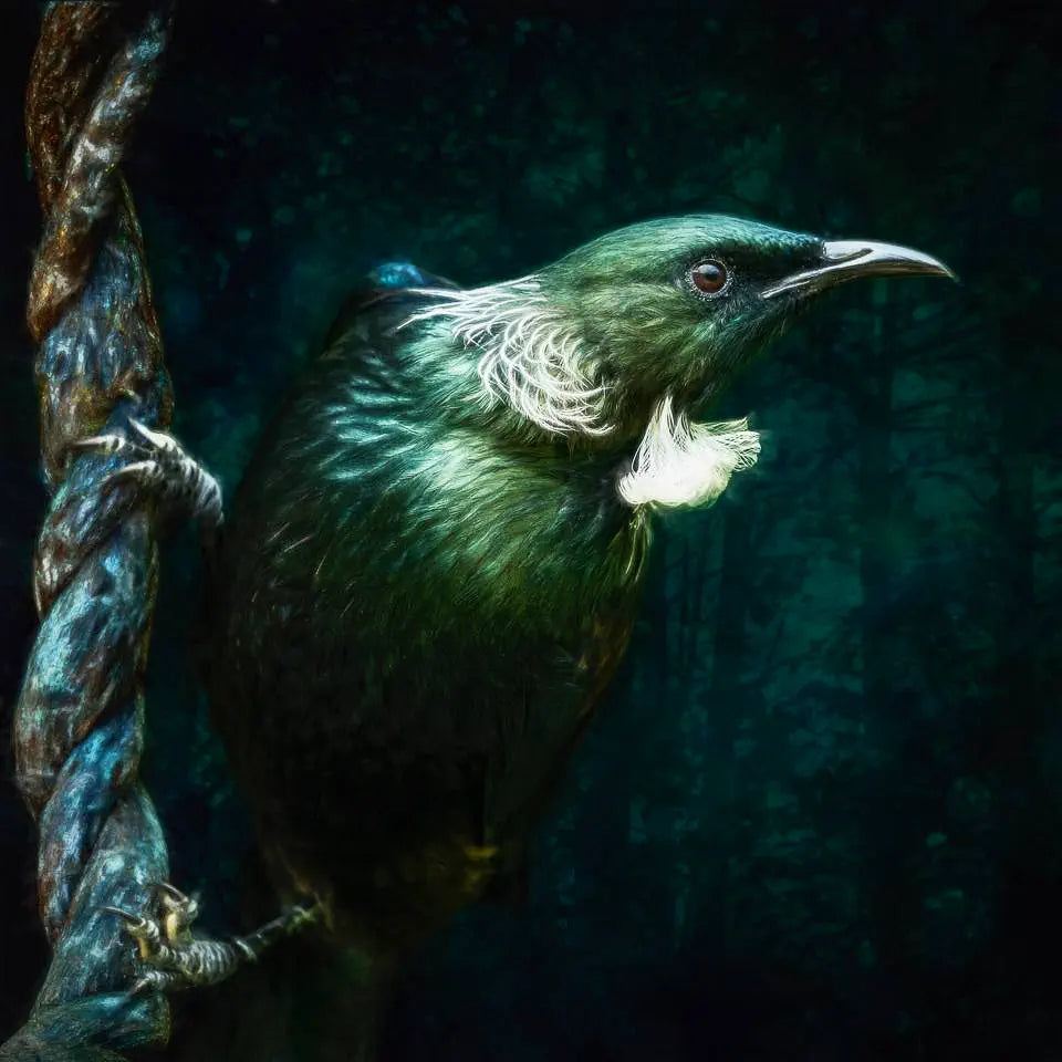 Artwork of a tui perched sideways on a twisted rata vine at night
