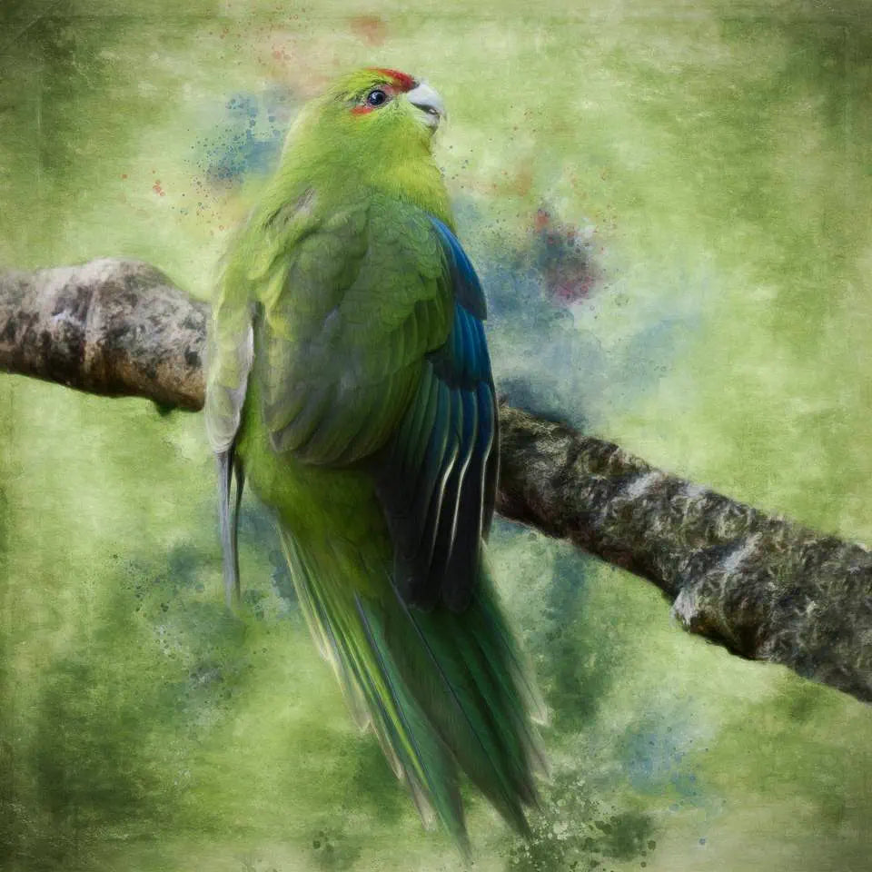 Artwork of a baby kakariki clinging to a branch with splattery background
