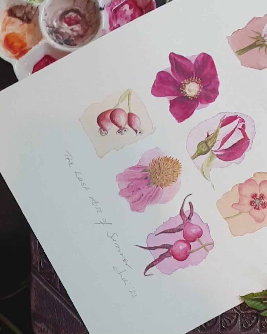 Video zooming in on the artwork of roses and echinacea