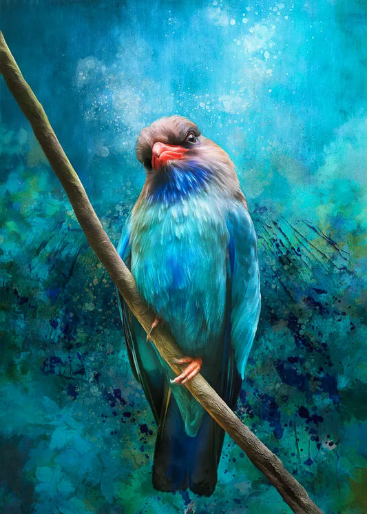 Artwork of a turquoise bird on a branch