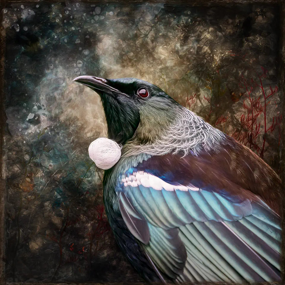 Artwork of a tui bird with a stormy background