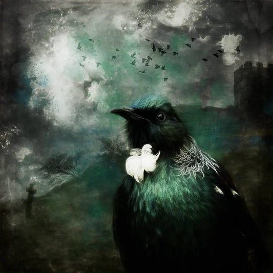 Artwork of a tui bird with a gothic stormy background with cross and castle