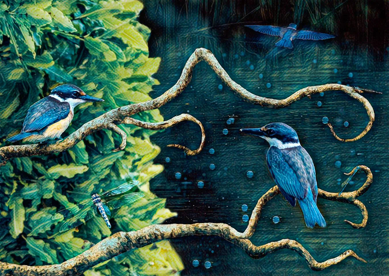 Two kotare or sacred kingfishers perch on a curvy branch while another flies away. The backdrop is a wetland landscape with dragon flies and damselflies