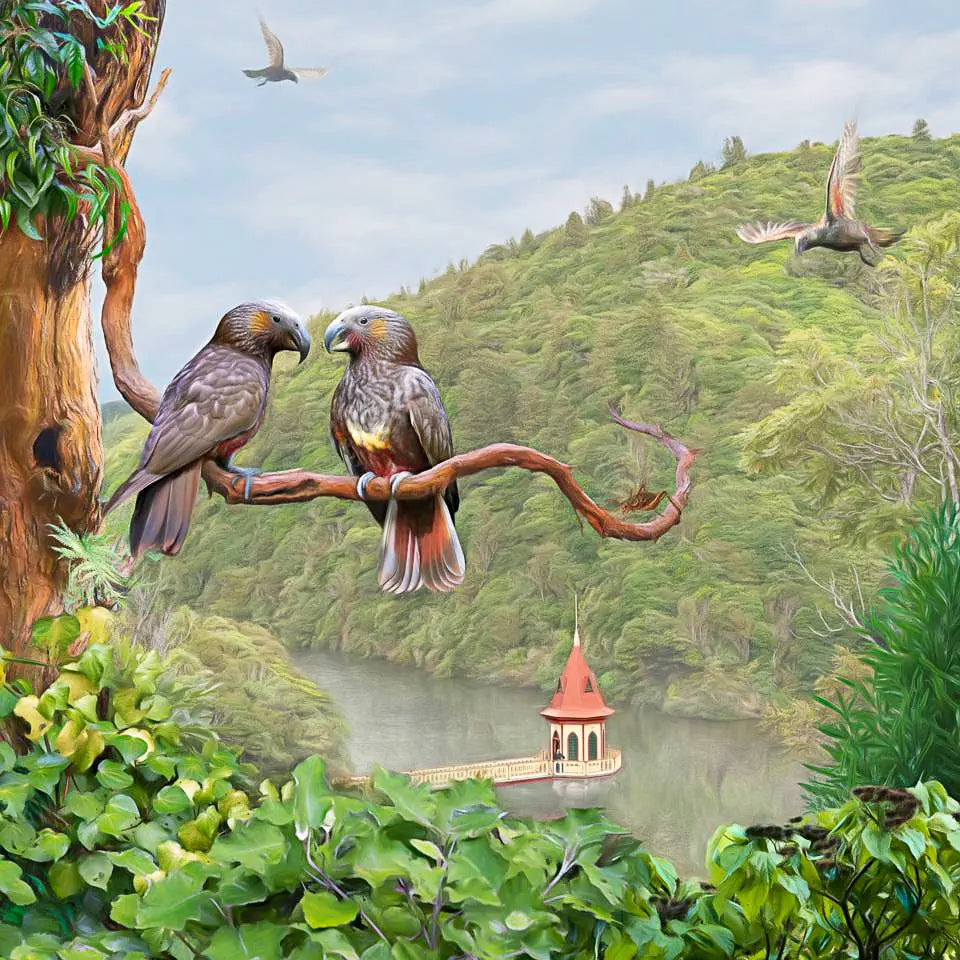 Artwork of the Zealandia valley with kaka on a branch, historic valve tower, and steep sided forested hills