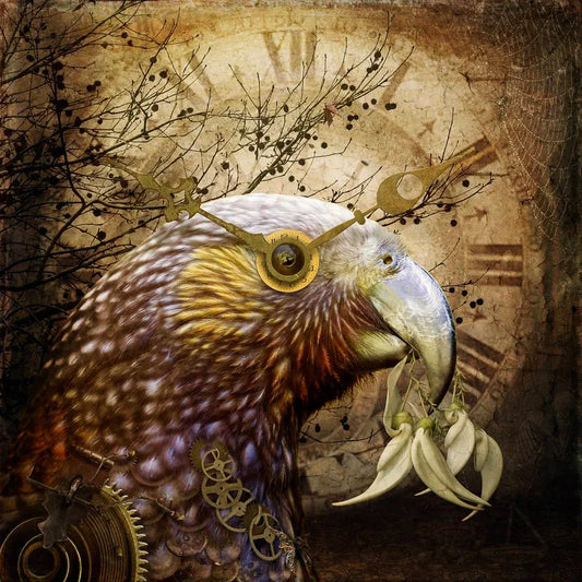 Artwork of a kaka holding kakabeak flowers in her beak. She has steampunk features including clock hands around her eye and a cog necklace. Behind her is another clock, dead tree, cobwebs and other detritus