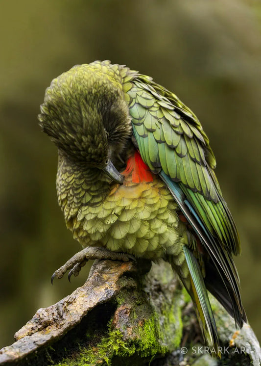 photo of a kea preening its flank