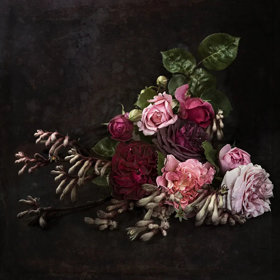 A still life artwork of a bunch of roses and other buds