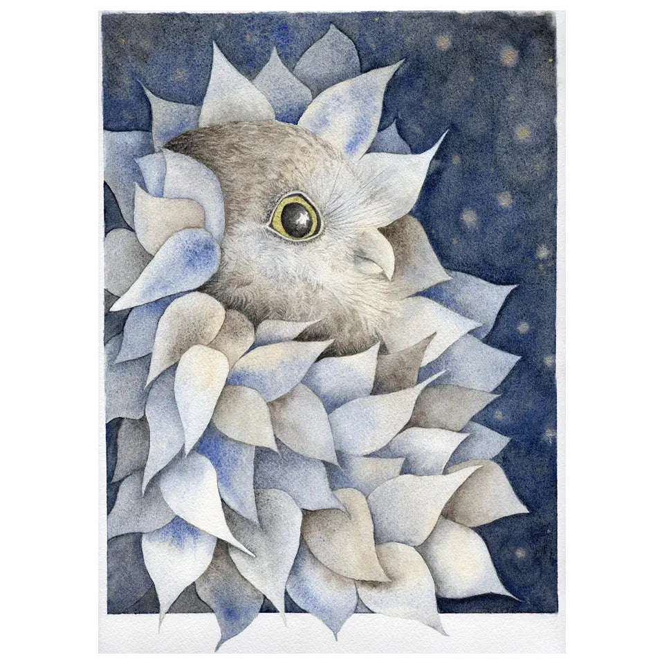 Original watercolour artwork of an owl amongst leaves, unframed 