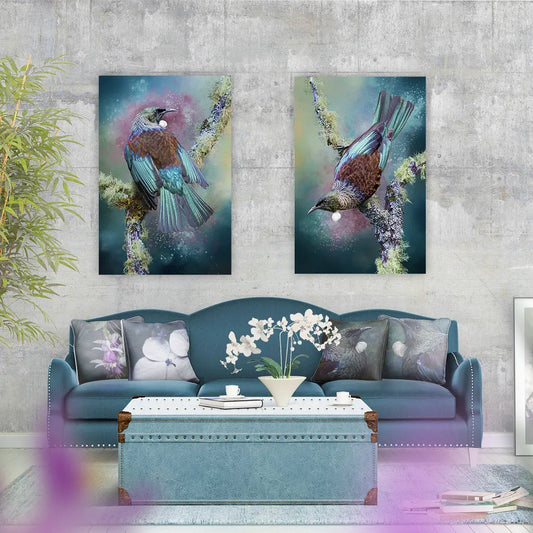 Living room mockup with two tui bird artworks hanging above a sofa.