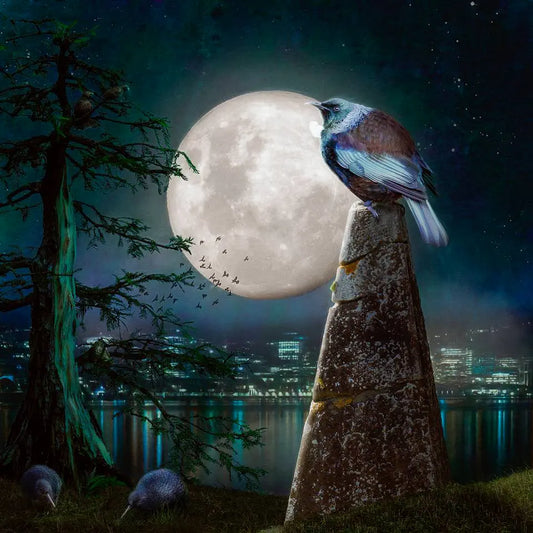 Artwork of a tui on a monument in front of the full moon rising over Wellington Harbor at night