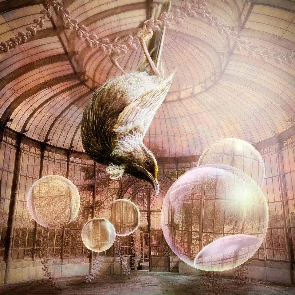 A surreal artwork of an aberrant brown or leucistic tui bird swinging from a chain in a glass house with glass bubble flowers