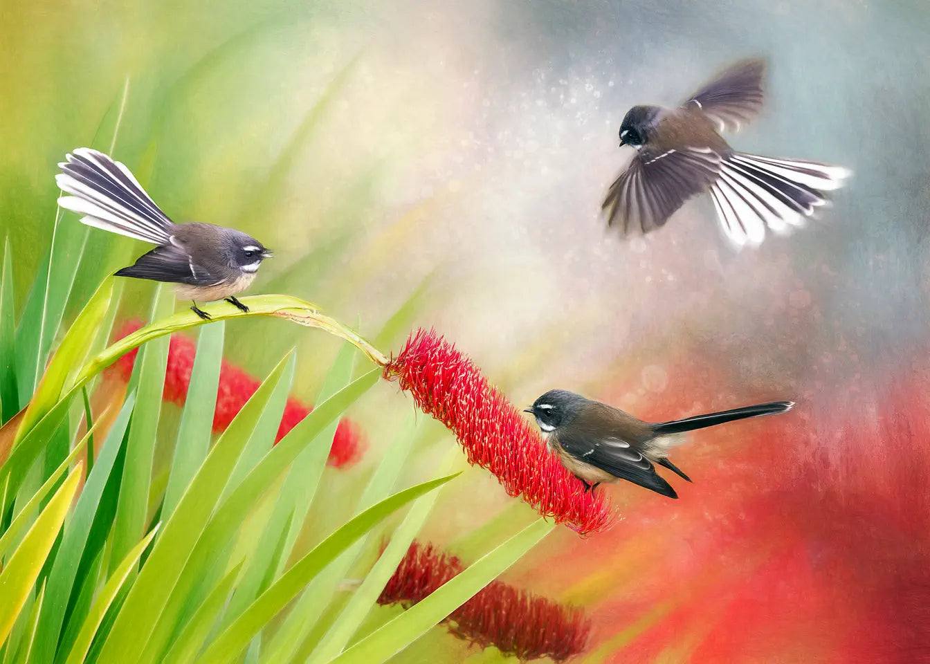 Artwork of three fantails fluttering around a Poor Knights lily flower
