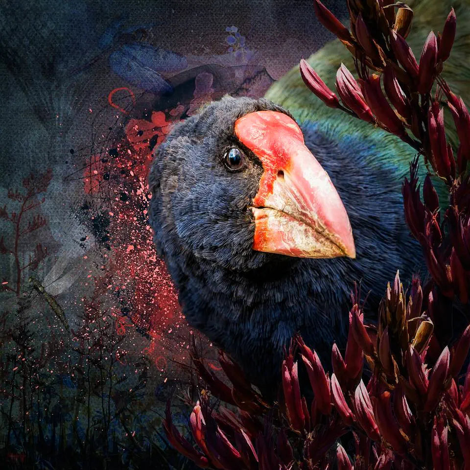 An artwork of a takahe shyly peeking out of harakeke or flax flowers with a textured splattery background