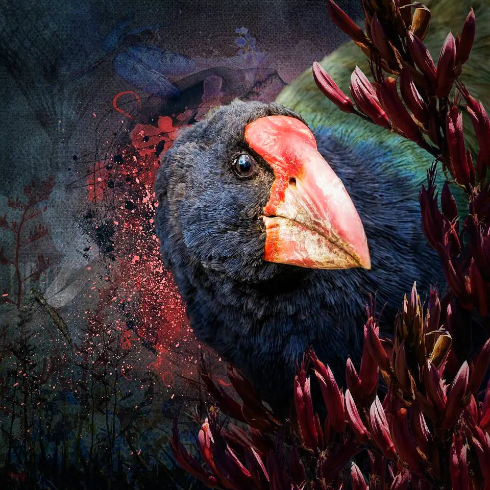 Takahē popping up behind red harakeke flowers in photo art by New Zealand artist Judi Lapsley Miller