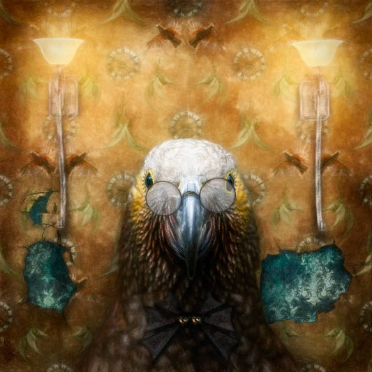 A steampunk artwork of a kaka parrot posing in front of textured and torn wallpaper. She's wearing glasses and has a bowtie. The wallpaper is decorated with flying kaka, clock faces, and kakabeak flowers
