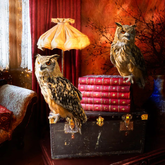 Artwork of two owls with orange eyes sitting on a trunk and pile of books in a parlour