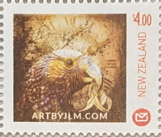 Photo of an official personalized postage stamp issued by New Zealand post of a kaka artwork
