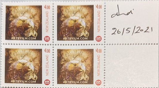 Official personalized postage stamps issued by New Zealand post of a kaka artwork. Shown is a block of four with signed selvedge showing Judi's signature and date.