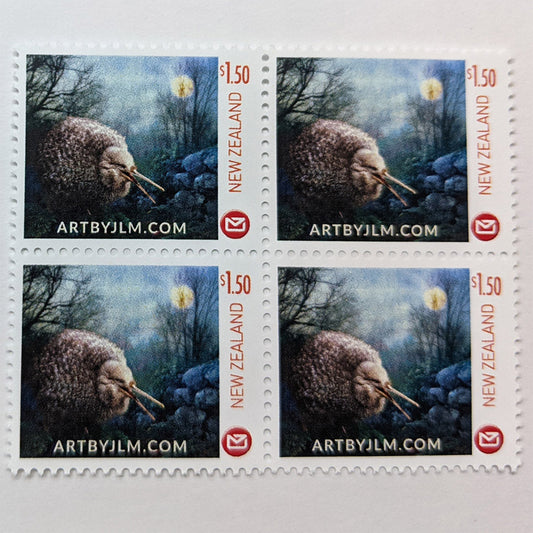 Official personalized postage stamps issued by New Zealand post of a kiwi pukupuku or little-spotted kiwi - block of four