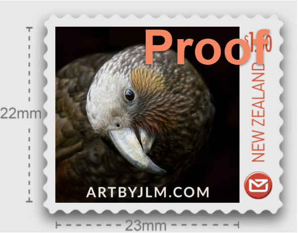 Proof image of an official personalized postage stamp issued by New Zealand post of a kaka parrot