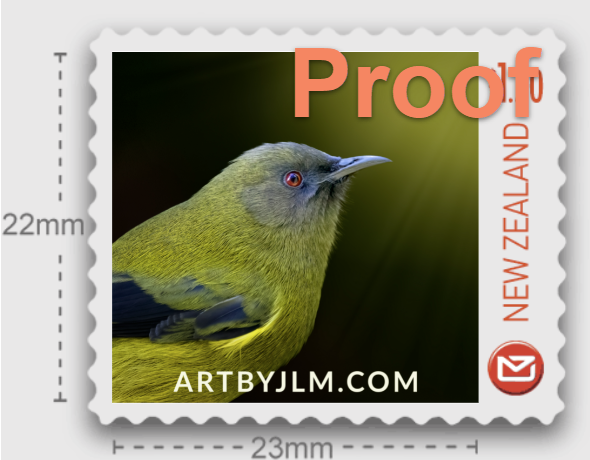 Proof image of an official personalized postage stamp issued by New Zealand post of a korimako bellbird