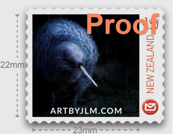 Proof image for an official personalized postage stamp issued by New Zealand post of a kiwi pukupuku or little spotted kiwi