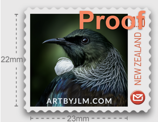 Proof image of an official personalized postage stamp issued by New Zealand post of a tui in profile