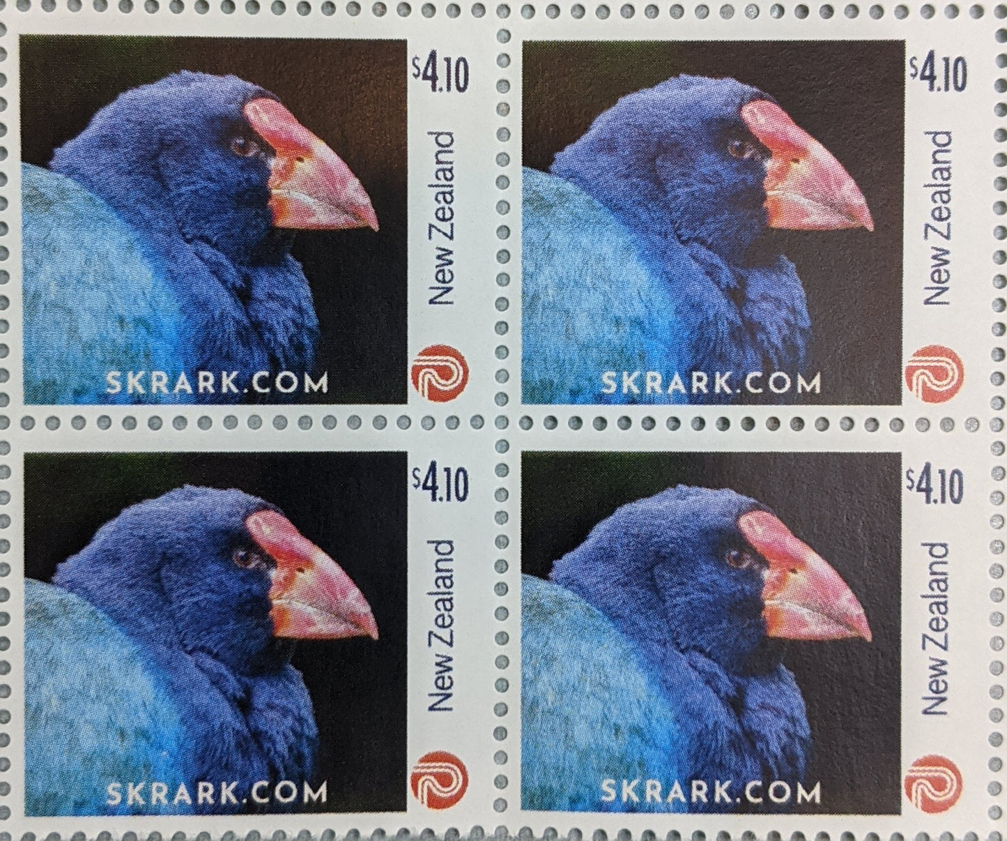 Official personalized postage stamps issued by New Zealand post of a takahe in profile - block of four