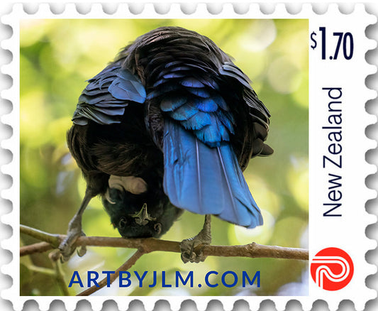 Official personalized postage stamp issued by New Zealand post of a tui looking between it's legs