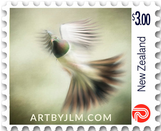 Official personalized postage stamp issued by New Zealand post of a flying kereru pigeon