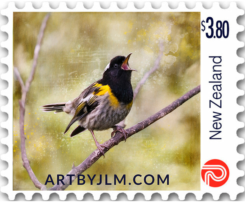 Official personalized postage stamp issued by New Zealand post of a singing hihi