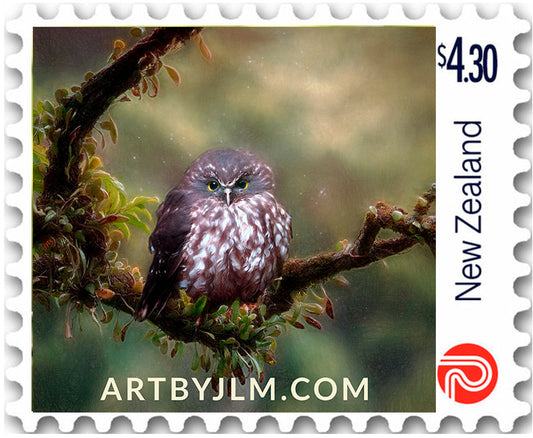 Official personalized postage stamp issued by New Zealand post of a ruru morepork owl sitting on a ferny branch