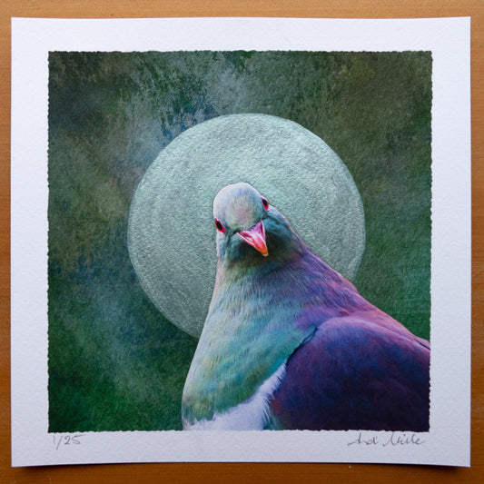 Example of an embellished print with a green pearlescent moon or halo surrounding a kereru