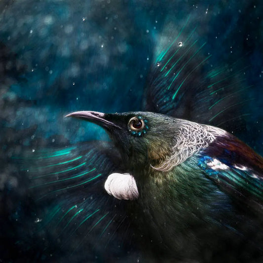 A surreal artwork of a tui bird with jewellery ornamentation around it's eye, set in a rain storm
